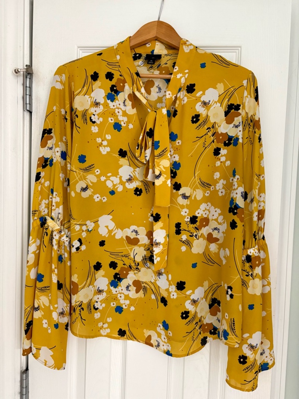 Worthington Mustard Floral Tie-Neck Blouse